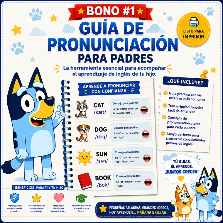 Bono 1 — Guía de Pronunciación para Padres: cada palabra escrita como se lee en español, para enseñar aunque no sepas inglés.