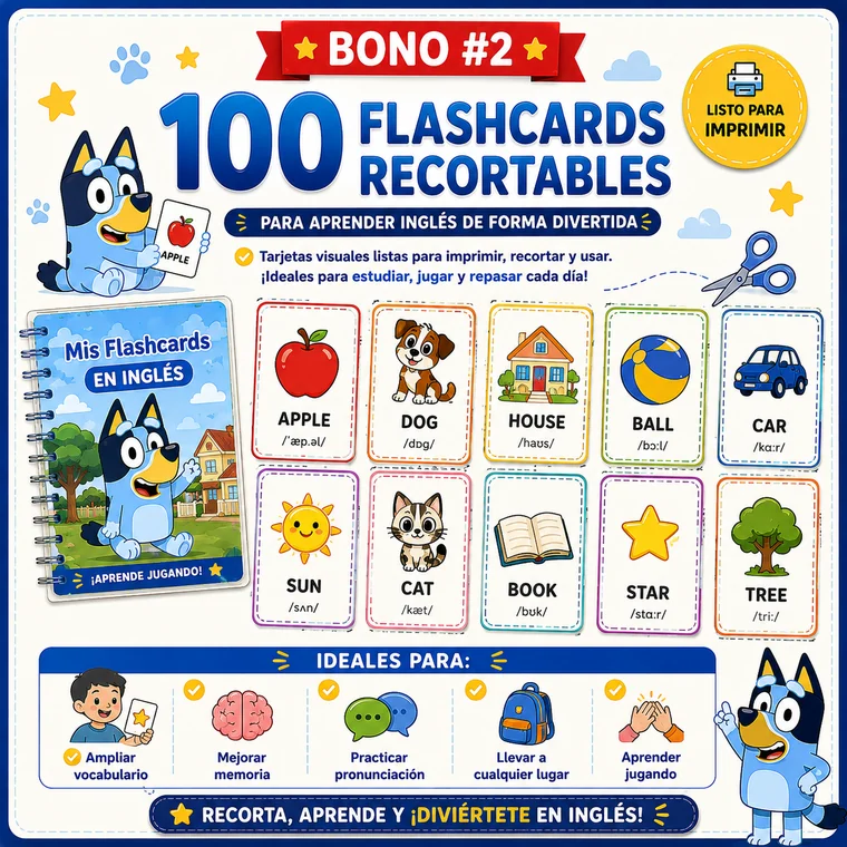 Bono 2 — 100 Flashcards Recortables: tarjetas de vocabulario para recortar y jugar en familia.