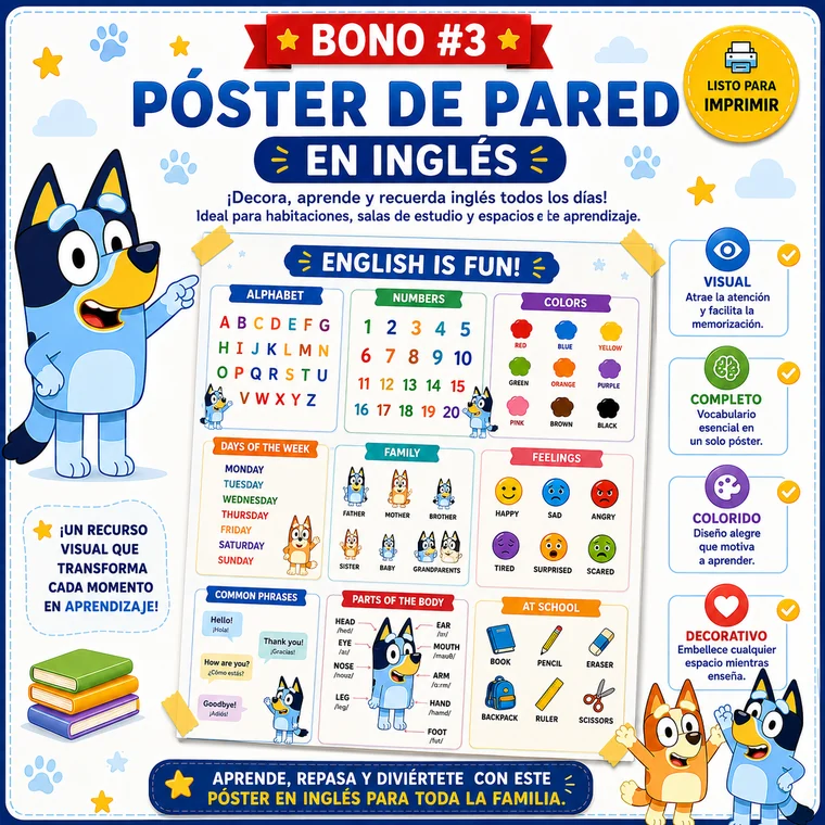 Bono 3 — Póster de Pared: el abecedario, los números y los colores en inglés para pegar en la pared.
