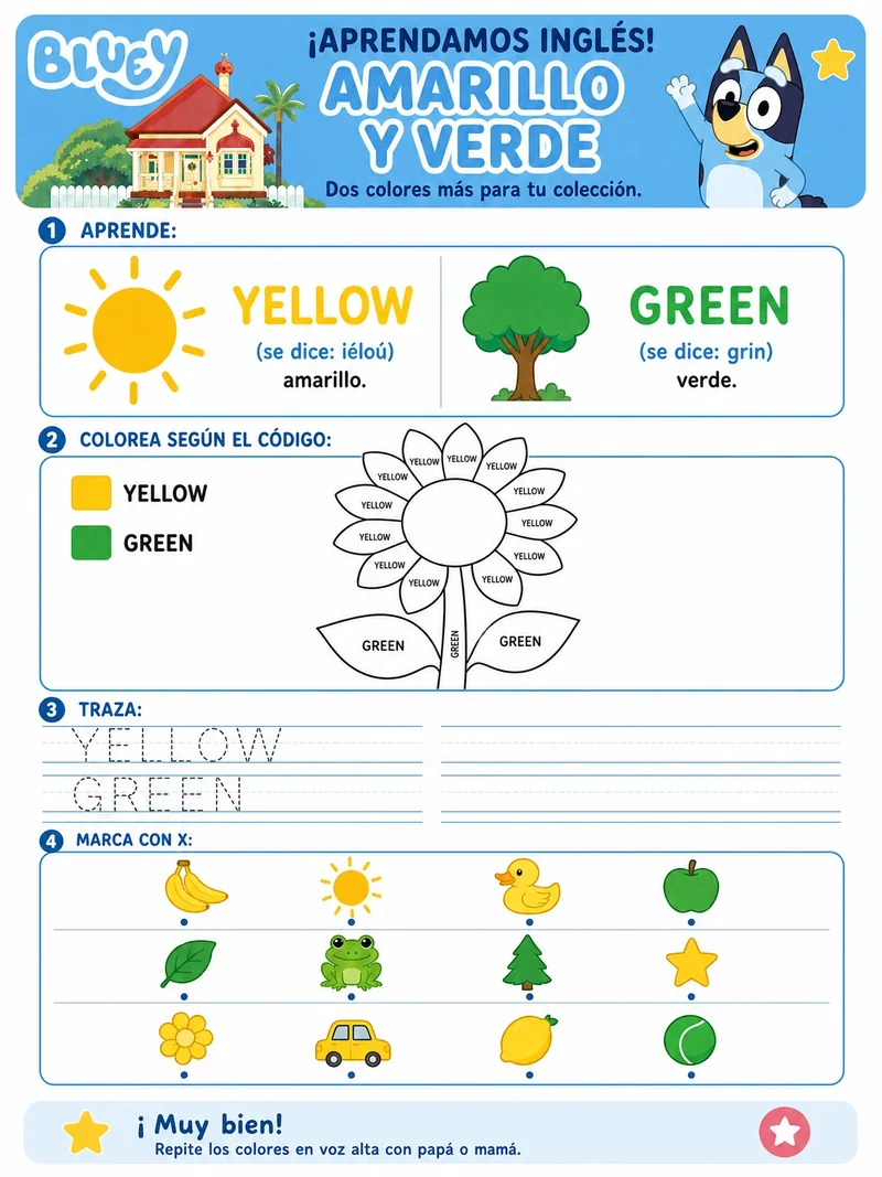 Ficha de colores en inglés — yellow, green, con actividad de colorear