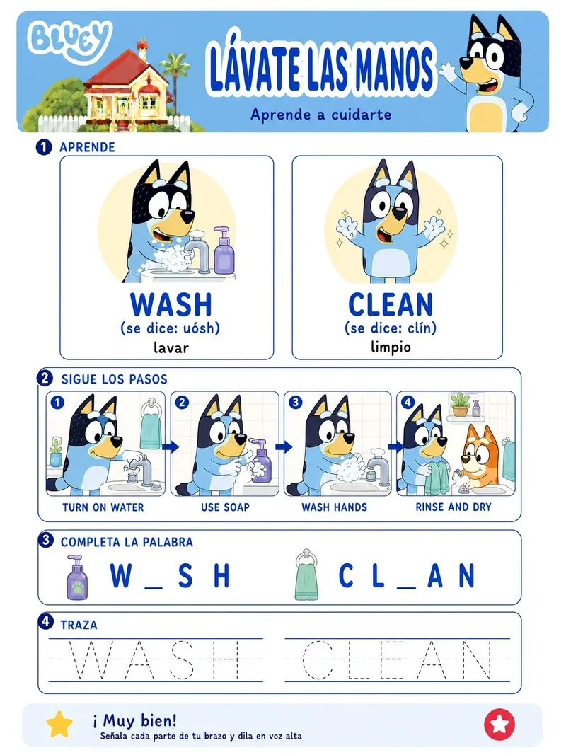 Ficha de rutina en inglés — wash, clean, con los pasos para lavarse las manos