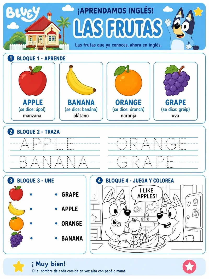 Ficha de frutas en inglés — apple, banana, orange, grape