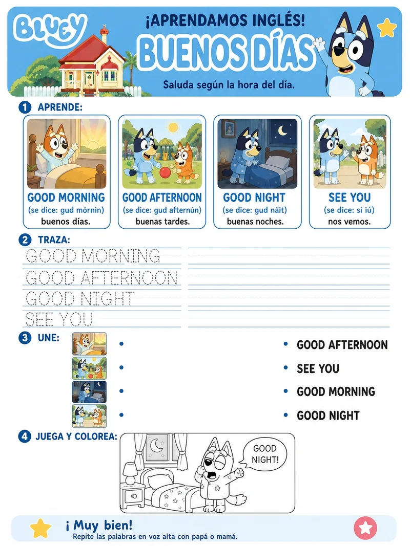 Ficha de saludos en inglés — good morning, good afternoon, good night