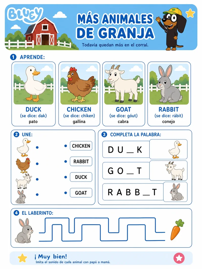 Ficha de animales de granja en inglés — duck, chicken, goat, rabbit