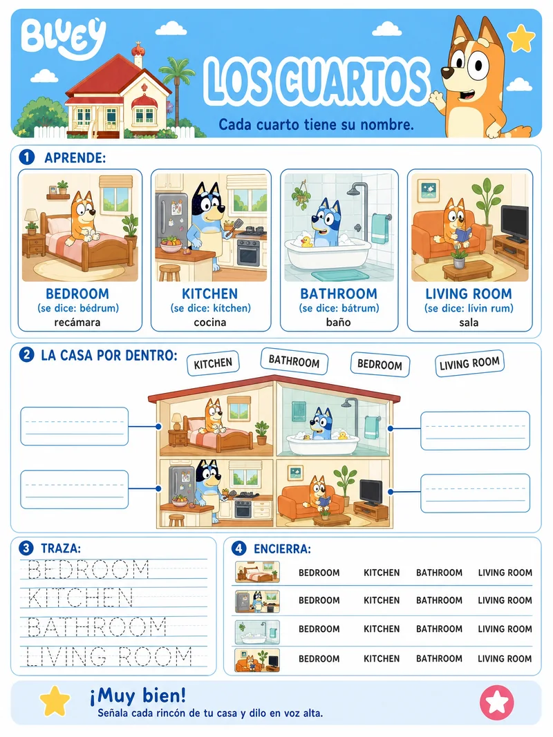 Ficha de la casa en inglés — bedroom, kitchen, bathroom, living room