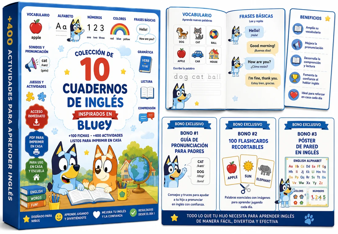 Todo lo que incluye la colección: 10 cuadernos, fichas de muestra y los 3 bonos